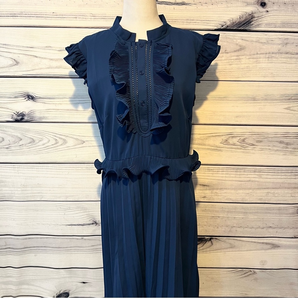 Trish Scully Navy Blue Ruffle Pleated Midi Dress